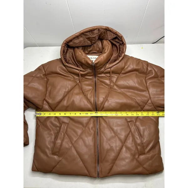 SEBBY Collection Faux Leather Short Crop Puffer Jacket In Toffee Size L. - Image 4