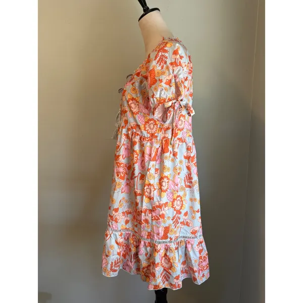 Boho Floral TasselTie Mini Dress Orange Pink Blue Retro boho cottage fairy M NEW - Image 4