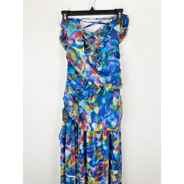 Lulus Jeniah Blue Multi Abstract Print Drop Waist Maxi Dress Formal Medium NWT - Image 14