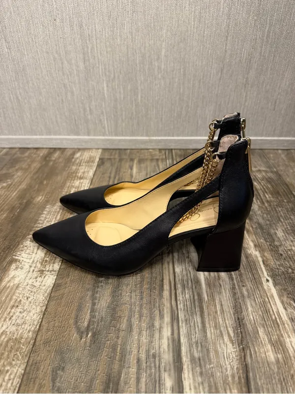 NWOB Jessica Simpson Black Leather Chain-Ankle Block Heel Pumps Size 5 - Image 14