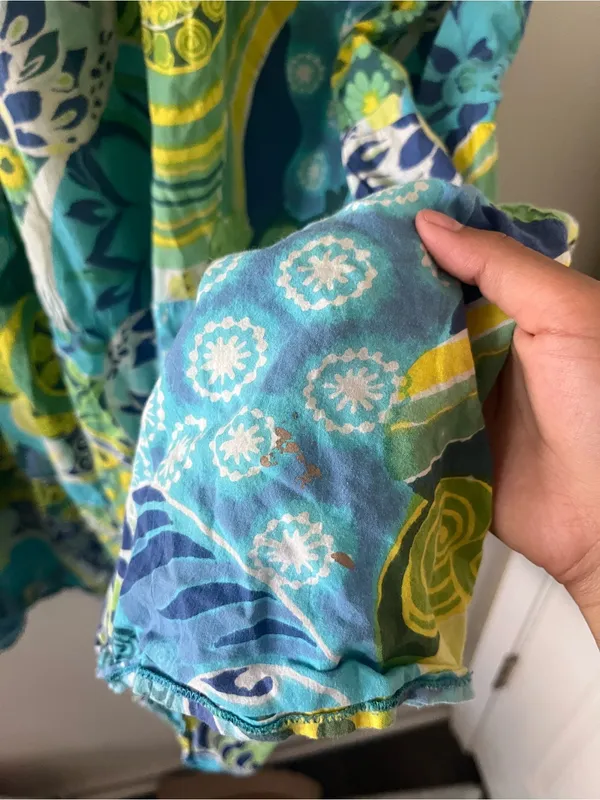 Y2K Tropical Strapless Blue Green Smocked Midi Dress Large 100% Cotton Resort - Image 4