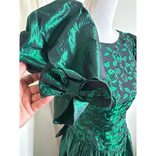 VTG 80s Emerald Green Iridescent Taffeta & Floral Prom Party Dress Whimsigoth - Image 3