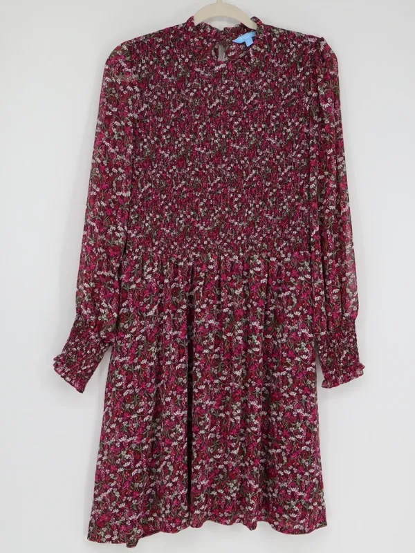 Draper James RSVP Smocked Floral Dress L Burgundy Metallic Long Sleeve Cottageco - Image 2
