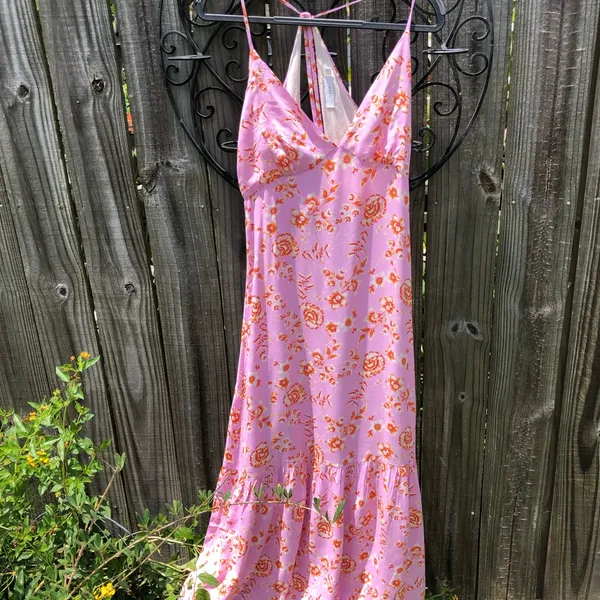 NEW Pink Floral Open Back Midi Dress S - Image 4