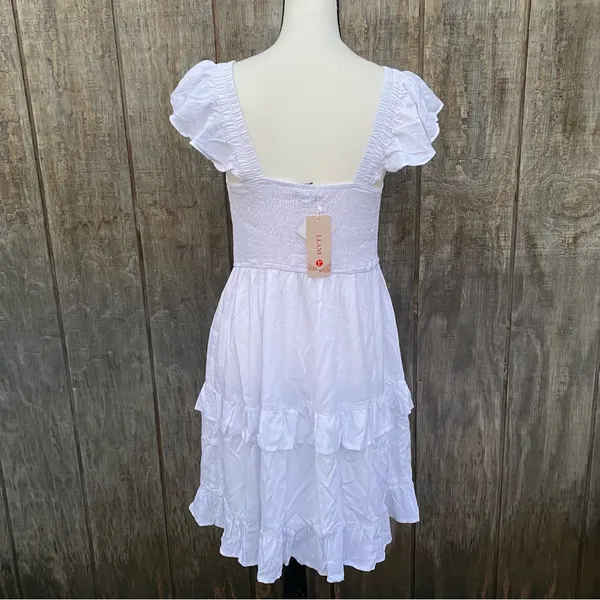 LEANI White Ruffle Smocked Babydoll Lined Tiered Mini Dress Size L - Image 9