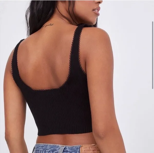 For Love and Lemons Pointelle Knit Crop Top Black Flower Ribbed Bow Coquette - Image 2