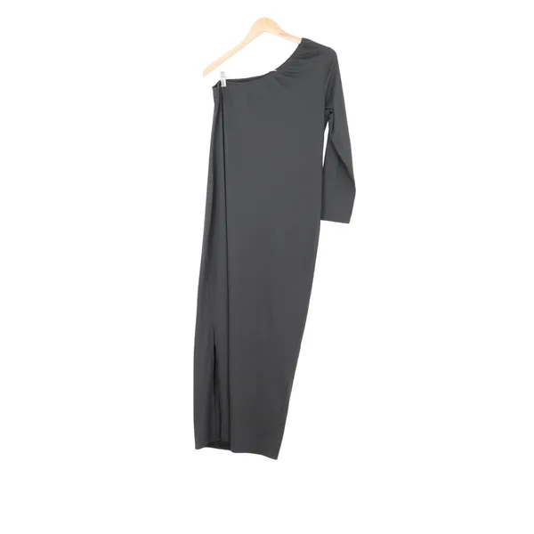Black One Shoulder Maxi Dress Long Sleeve Side Slit Minimalist Medium - Image 2