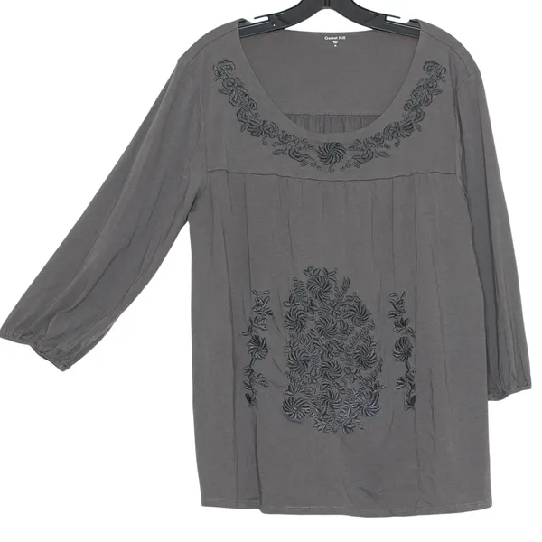 Garnet Hill Top 3/4 Sleeve Embroidered Minimalist Boho Ethereal Floral Gray XL - Image 7