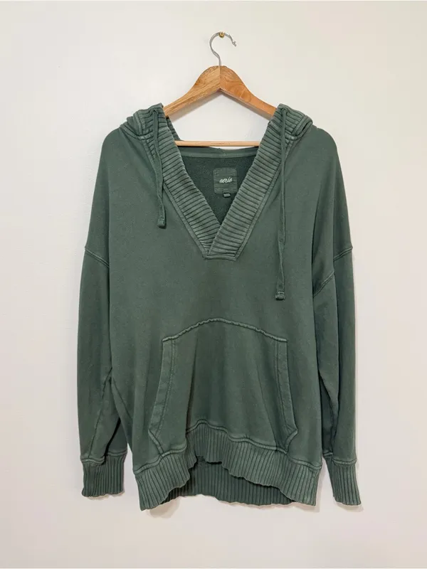 Aerie Down To Earth Henley Hoodie Oversized Fleece Green Size Small Oversized - Image 2