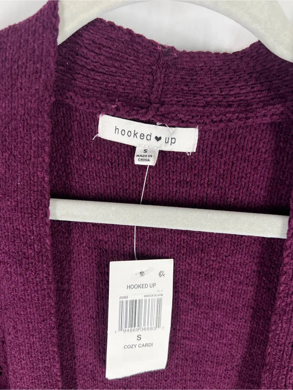 Hooked Up Cozy Cardi Winter Bloom Purple Pointelle Open Front Cardigan S NWT - Image 3