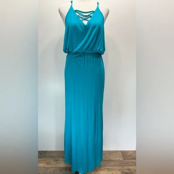 Turquoise Maxi Dress Knit Strappy Backless ModCloth by South Grand Size Medium - Image 6