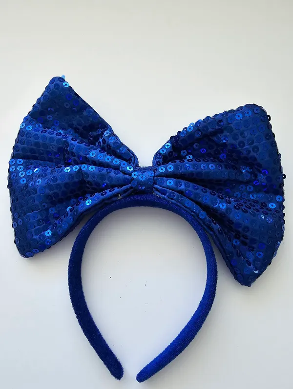 Oversized Royal Blue Sequin Big Bow Headband Velvet Base Costume Dance - Image 3