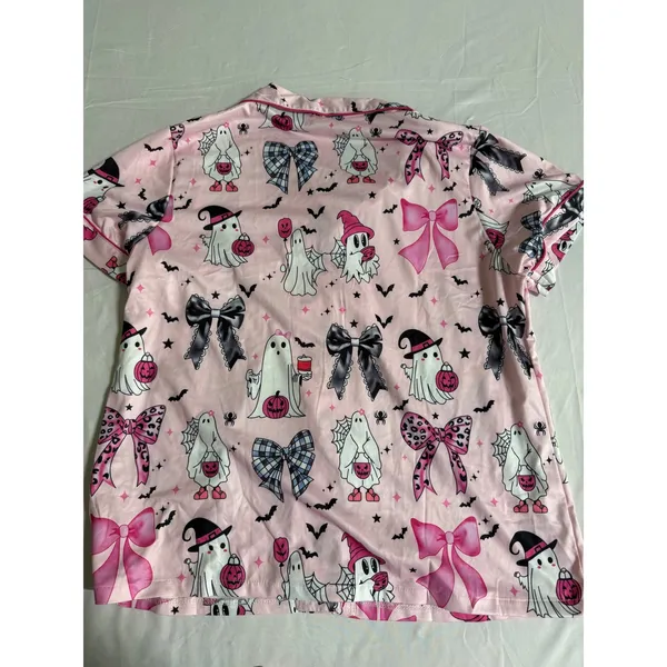 Pink Halloween Ghost Bow Pajama Set Short Sleeve Button Down Shorts Womens Large - Image 6