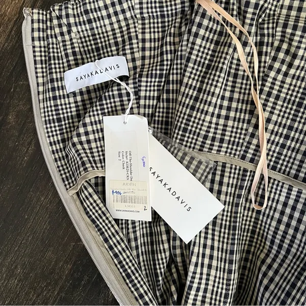 New Sayaka Davis Off Shoulder Cream Black Check Plaid Puff Sleeve Dress 2 NWT - Image 3