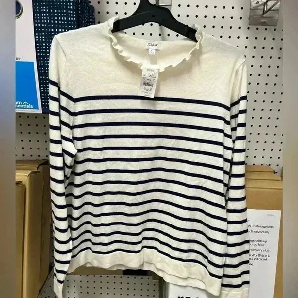 NWT J.Crew Factory Women's Striped Ruffleneck Sweater Cream L - Image 4