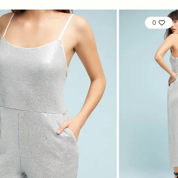 NWT ANTHROPOLOGIE‎ Claudette Sequin T-Shirt Knit Romper Jumpsuit Silver 0 - Image 2