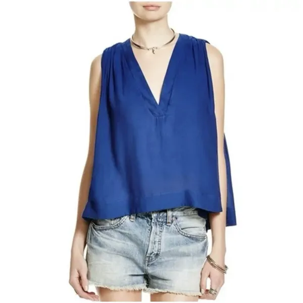 Free People Small Tank Top Pleated Back Boho V-Neck Oversized Royal Blue - Image 2