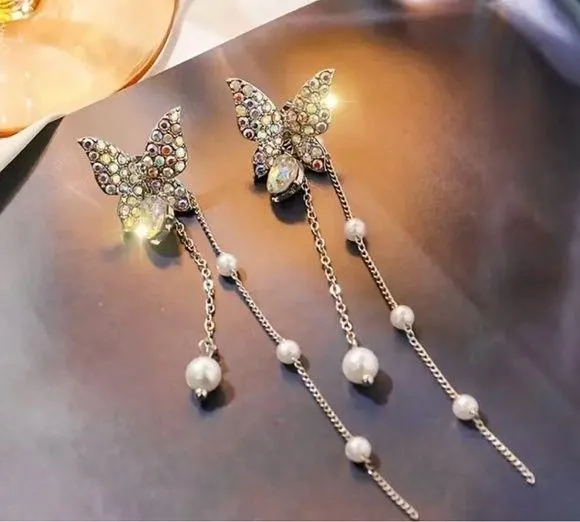 Gorgeous Stainless Steel Silver/ Multicolored Butterfly Dangle Earrings - Image 2