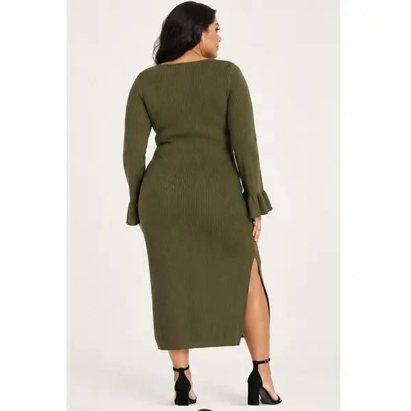 Scoop Womens Sweater Dress Sz XL Grape Leaf Ribbed Midi Bell Sleeve Square Neck - Image 7