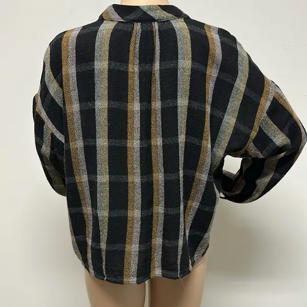 Madewell Black & Tan Toned Plaid Wool Blend Long Sleeve Top Size S - Image 6