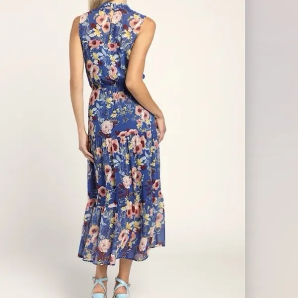 Lulus In My Dreams Blue Floral Sleeveless Chiffon Midi Dress LARGE Wedding - Image 4