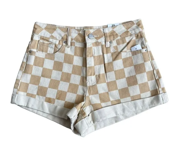 PacSun Women’s Checkerboard Mom Shorts Size 25 Tan Checker Denim High Waist - Image 4