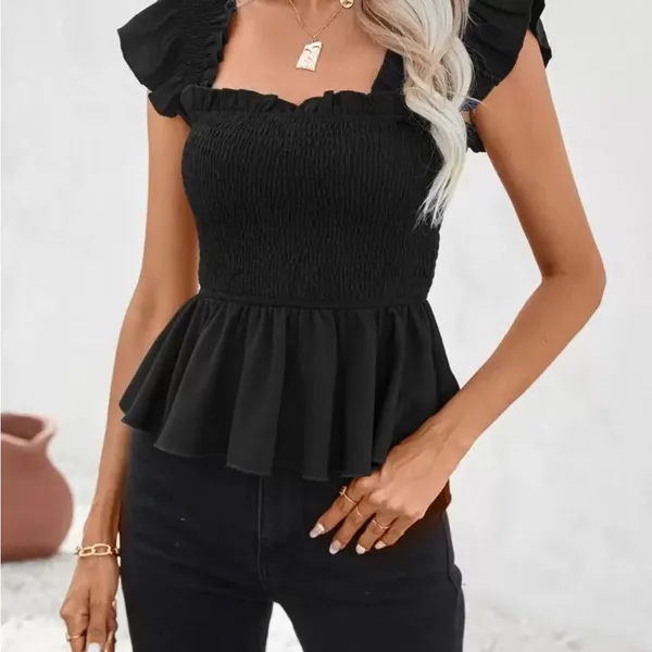 Black Ruffle Smocked Camisole Tank Top Peplum Blouse Medium Size undefined - Image 6