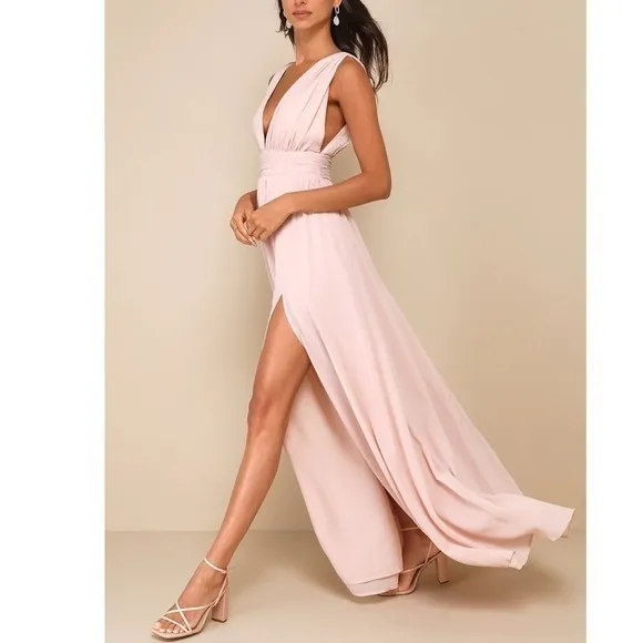 Lulus Heavenly Hues Blush Pink‎ Pleated V Neck Maxi Dress Formal Event Size S - Image 6