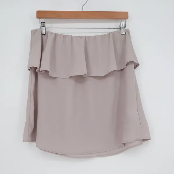 Grey Off the Shoulder Ruffle Flounce Top Medium Taupe Minimalist Blouse - Image 3