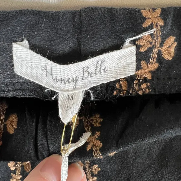 Honey Belle Womens Black Brown Floral Stripe Faux‎ Suede Flare Pants Size M Boho - Image 4