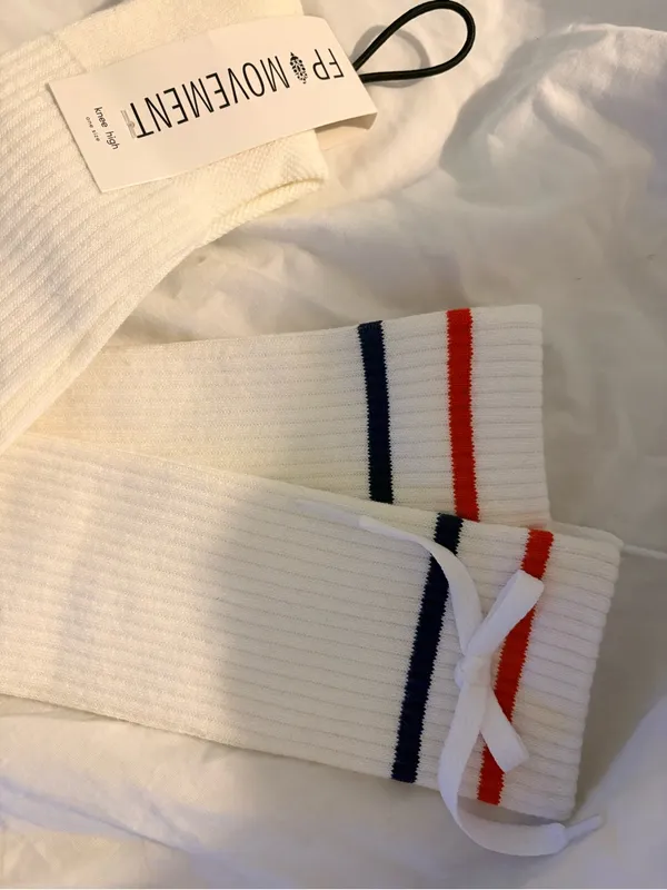 NWT‎ Free People Knee High Athletic Socks White Stripes Bow Laces OS - Image 5