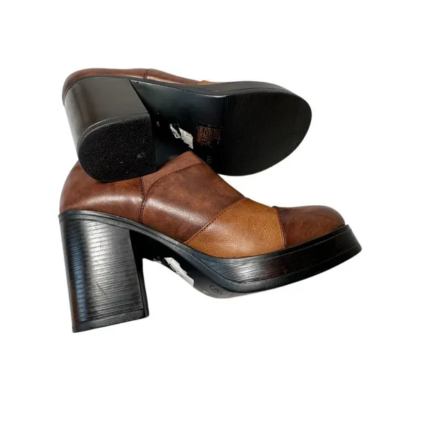 Brown‎ Multi-Tone Leather Ankle Boots Block Heel Slip-On Comfort Shoes Size 41 - Image 4