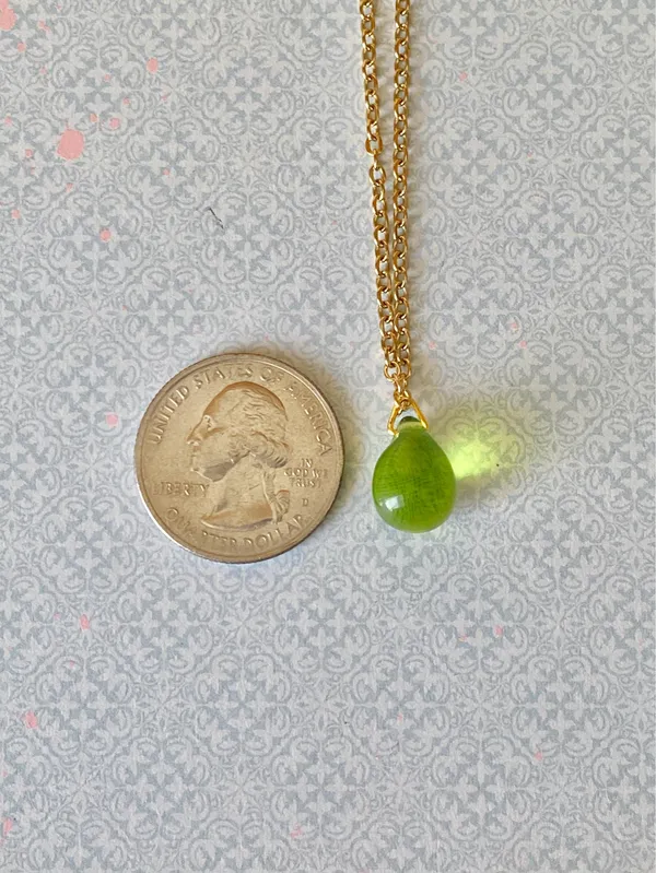 Handmade olive teardrop Czech glass simple minimalist gold chain necklace💚 - Image 6