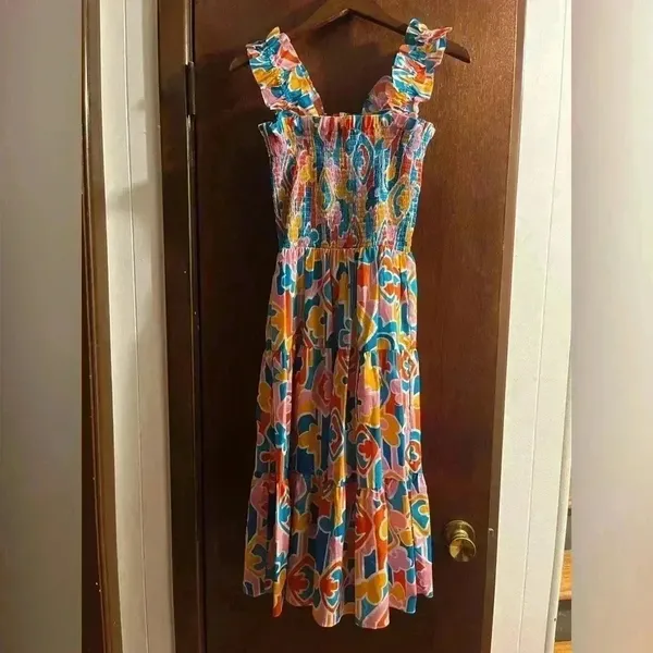 NWOT Amanda Uprichard Adelene Smocked A-Line Midi Dress Miami Print S - Image 3