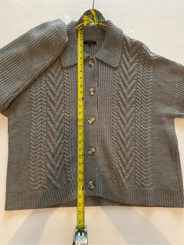 Quince Gray Cable Knit Cardigan Sweater Collared Button Front 100% Wool Medium - Image 4
