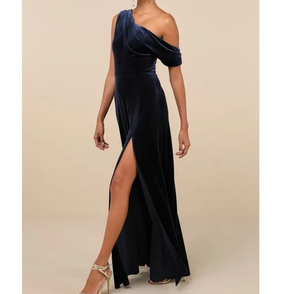 NEW Lulus Coveted Confidence Navy Blue Velvet Asymmetrical Maxi Dress Small - Image 2