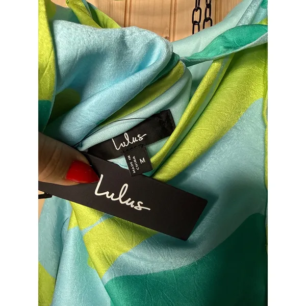 NWT Lulus Betania Blue Multi Abstract Satin One-Shoulder Mini Dress Party Size M - Image 6