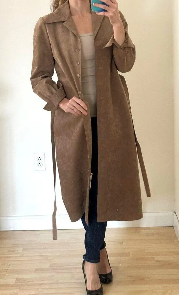Vintage 70s Faux Suede Button Front Belted Jacket/Dress Sz S/M - Image 6
