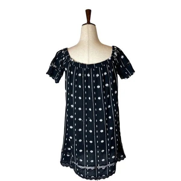 Topshop Dress Women 2 Black White Embroidered‎ Off The Shoulder Tunic Mini - Image 5