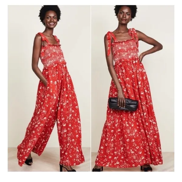 Free People Red Floral Smocked Wide‎ Leg Jumpsuit Tie Shoulder Straps Medium - Image 2