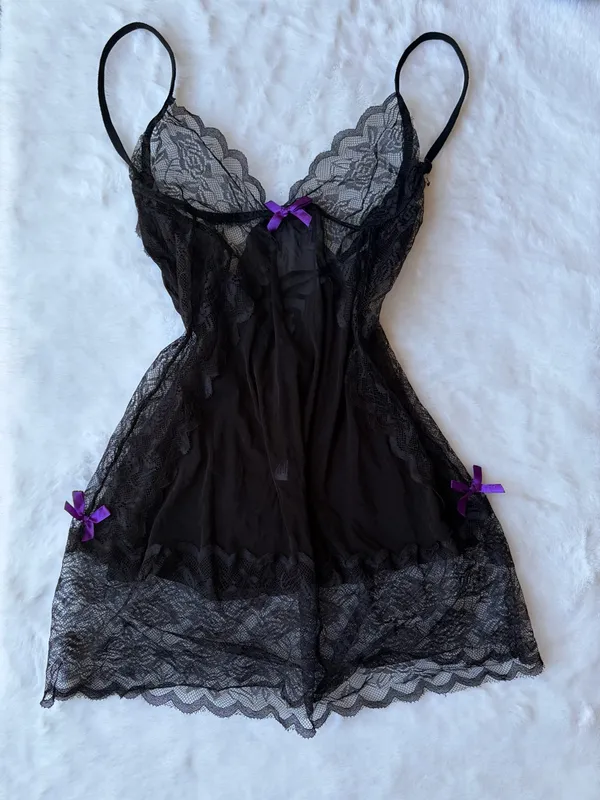 Y2K Black Lace Bow Slip Dress Sheer Mesh Babydoll Lingerie Nightgown - Image 2