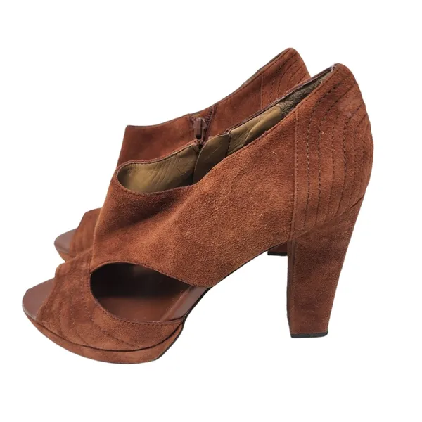 Banana Republic Platform Suede Shoes‎ Block Heel Cinnamon Peep Toe Side Zip 9 - Image 2