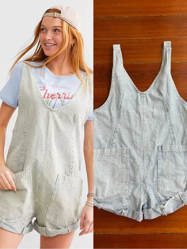 We The Free Free People High Roller Railroad Stripe Cotton Overalls Sz XS 🧡🍄 - Image 2