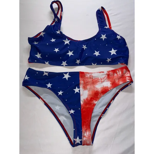 SHEIN Bikini Set Women‎ XL Red White Blue Stars Tie Dye Patriotic Swimsuit NEW - Image 2