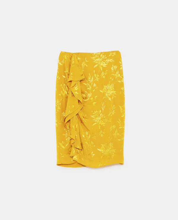 NWOT Zara ruffled jacquard midi skirt in yellow. Size Medium - Image 3