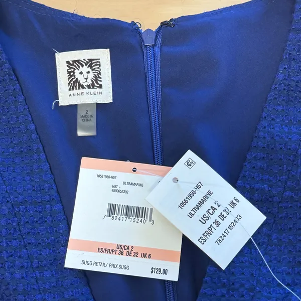 NWT Anne Klein Ultramarine Blue Textured V-Neck Pleated Fit & Flare Dress Size 2 - Image 6