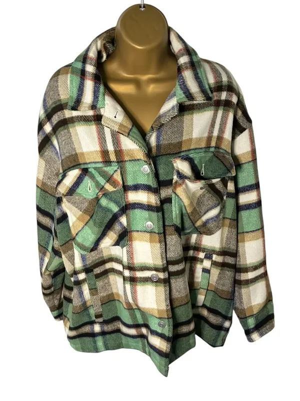 Zara Plaid Shacket Overshirt Snap Front Green Cream Large L - Image 2