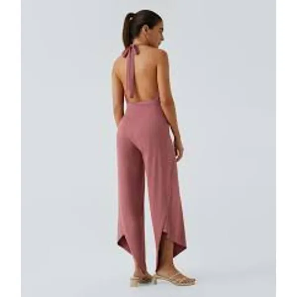 HALARA High Waisted Tie Front PANTS OR JUMPSUIT Size XL Light Rose Red - Image 4