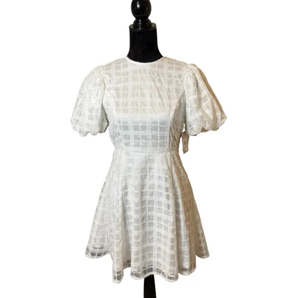 Birdy Grey White Puff Sleeve Mini Dress Size Medium Open‎ Back Bridal Graduation - Image 2