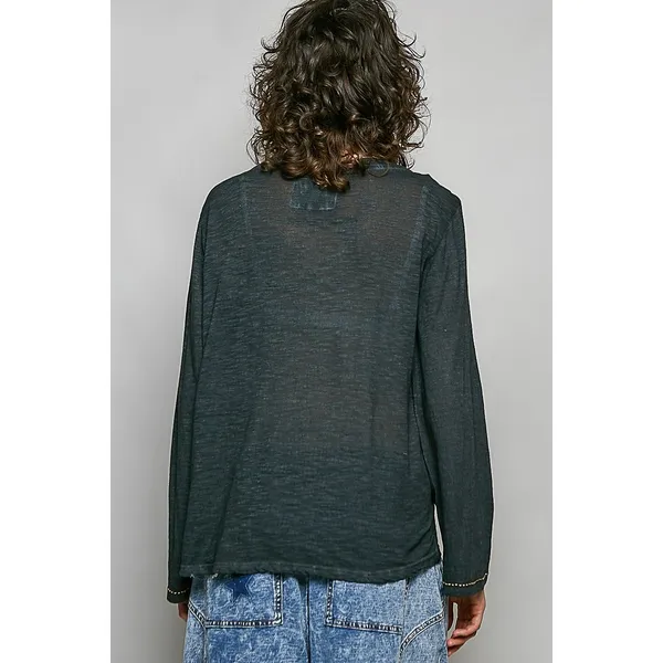 POL Contrast Stitch V-Neck Lightweight Knit Long Sleeve Top - Black - Large - Image 3